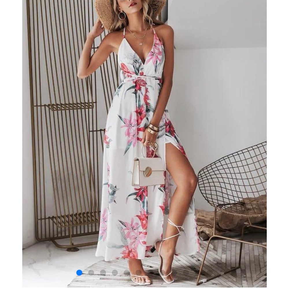 Simplee Floral Print Backless Wrap Slit Slip Dress - Picture 1 of 13